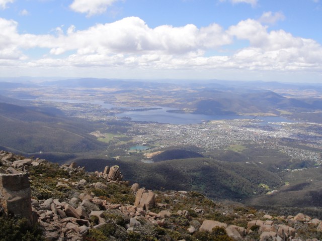 Looking down on Hobart & up the Derwent River from Mt Wellington