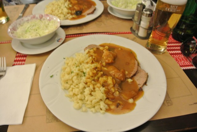 Our pork with Nokedli and Apple & Prune sauce (complimentary blurry photo)