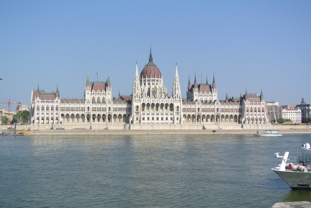 The Hungarian Parliament, complete with scaffolding and complimentary crane