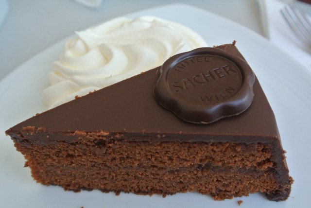 Getting a taste of the Sachertorte (possibly a contributing factor in our lack of interest in dinner)