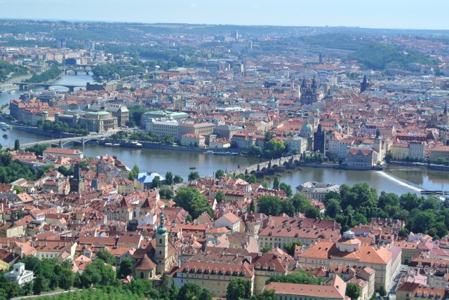 Looking over the Vltava River at the Charles Bridge and Old Town