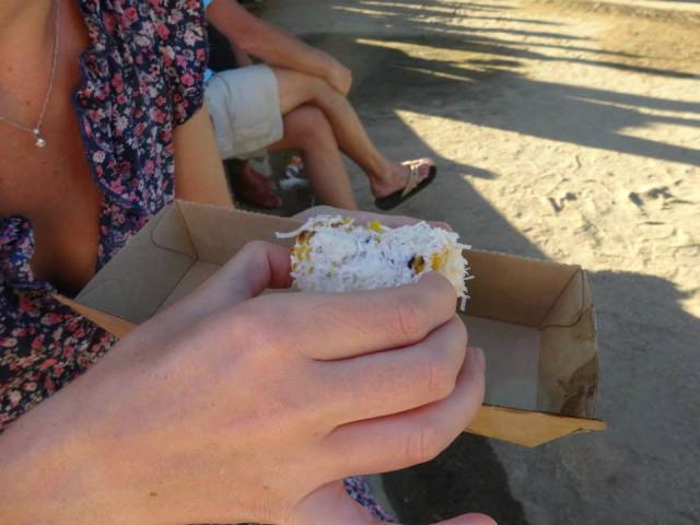 Sweet Corn with Sour Cream & Shredded Coconut. Not a great portion size for our $5 outlay...