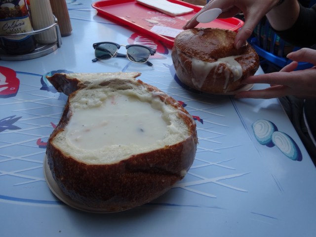 Tucking into my first Clam Chowder!