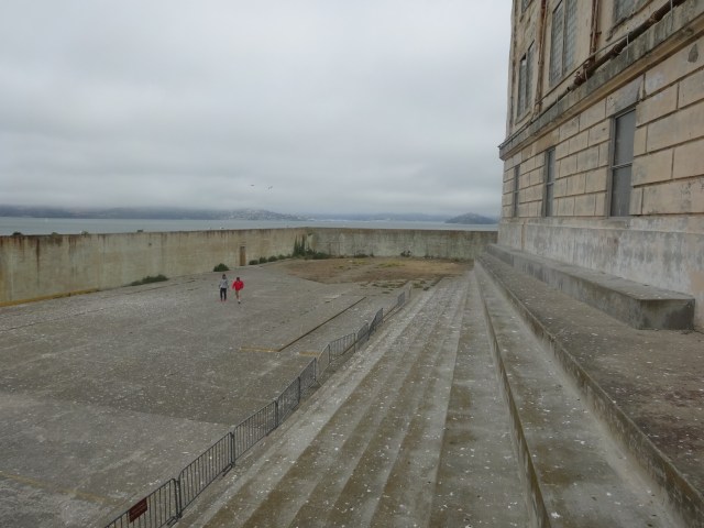 The drab surrounds of the recreation yard. from the bleachers the inmates could get a glimpse of San Francisco