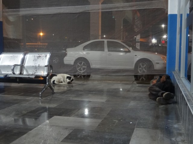 Happy Birthday! The company we keep on the bus station floor as the rain continues outside…