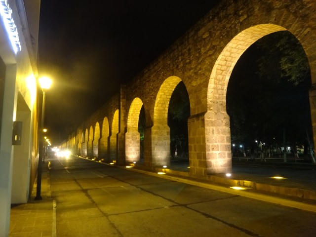 Morelia's aqueduct on a drizzly night