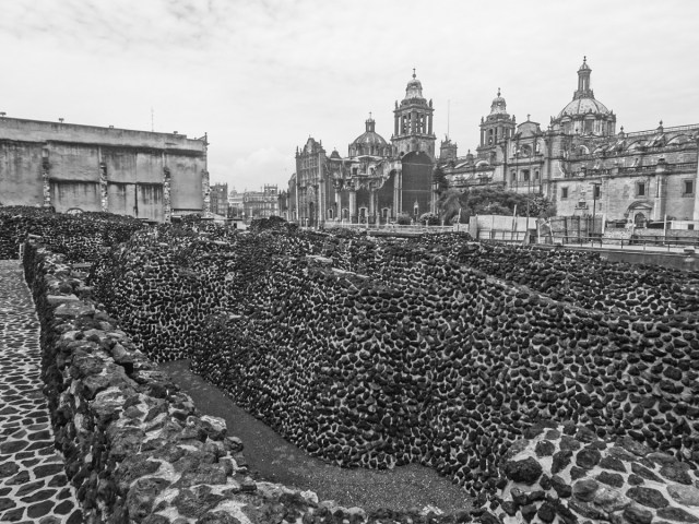 The old and the conquered... Catedral Metropolitana sits almost atop the Templo Mayor