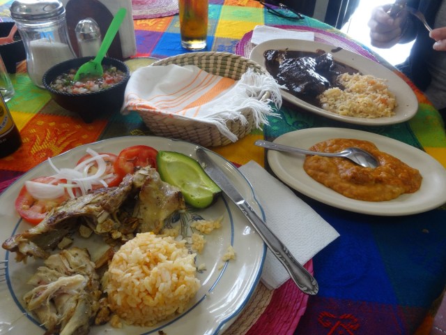 A delicious lunch of Rabbit in Garlic Sauce and Chicken in Mole Poblano