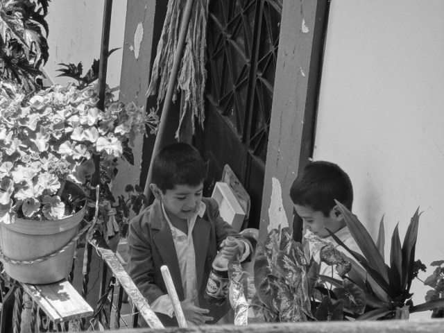 Spying on 2 mischievous boys as they shake up a soda bottle...