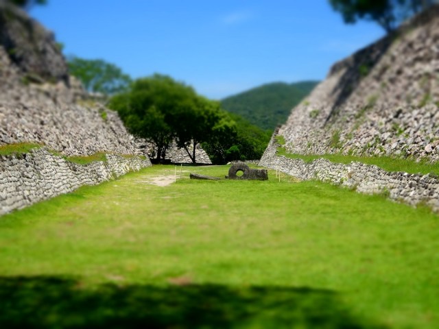 One of the ball courts still sports its original stone rings (just no longer mounted at each end)