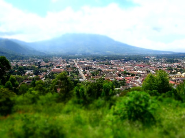 Antigua from a different perspective (complete with clouded volcano)