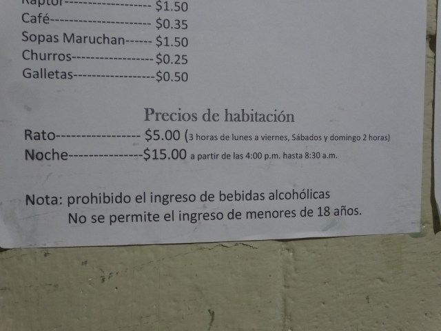 A price list for the ‘Princess Hotel’. A real bargain for your $5.00 during the week, but an hour less on the weekends…