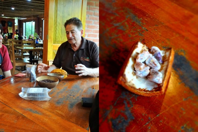 Our host, Francesco discusses the history of chocolate and El Quetzal (left) & some raw cacao (right)