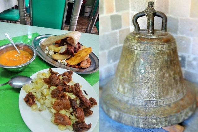Our delicious, artery clogging lunch (left) & (right) as close as we got to exploring the churches of Latacunga