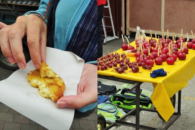 Sampling the local fare (left) & eyeing off our 1st ever toffee grapes!