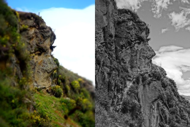 The subtly carved 'Indians Face' in the side of a rocky outcrop