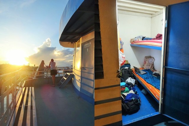 The sun sets on our first day on the river in the harbour (left) & living it up in cabin class (right)
