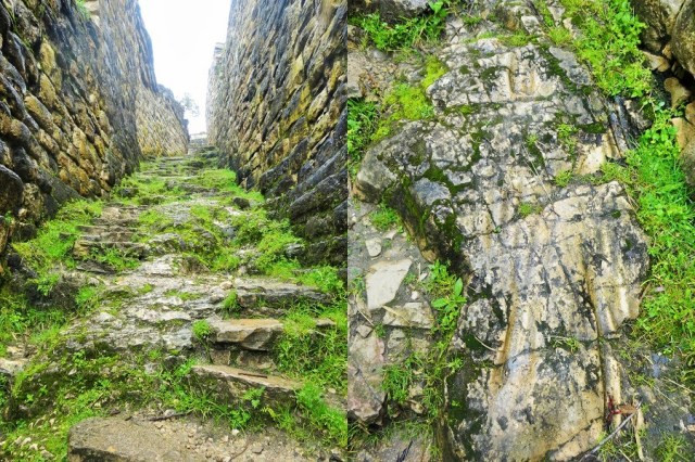 Scrambling up aged stairs, that incredibly even have Llama tracks, worn into the stone (right)