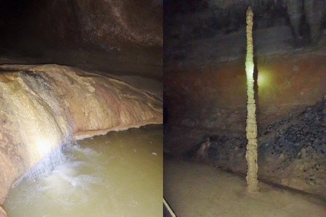 Things get a little damp (left) & a mighty tall, yet narrow Stalecmite (right)