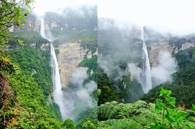 The falls from our lunch perch (left) & as low cloud began to gather as we departed (right)