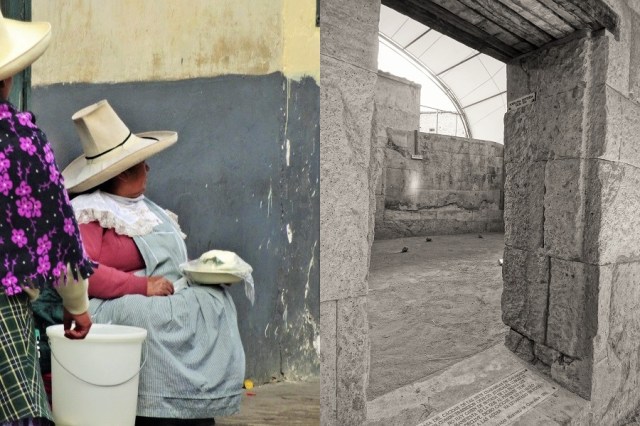 The wonderfully vertical hats the women of Cajamarca wear (left) & the sole remaining Incan construct, also the place where ??, was murdered (right)