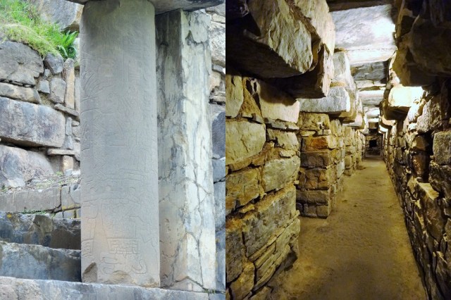 Ancient carving on the Portal of the Falcons (left) & getting beneath the ruins (right)