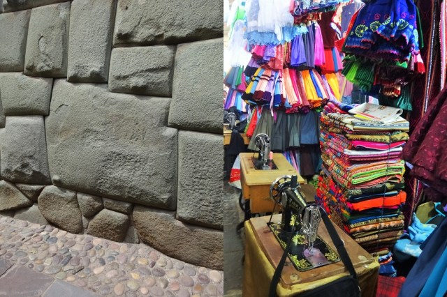 One of the more famous, a 12 sided cut stone (left) & using the lure of colour, tourist shops abound (right)