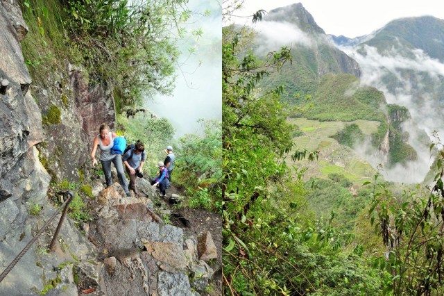 Making the Huayna Picchu ascent (left) & taking in the views of Machu Picchu below (right)