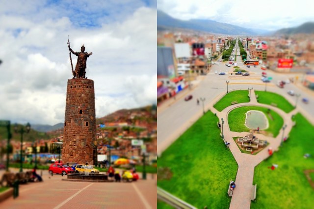 On the approach to Pachacutec (left) a belt of green breaks up an otherwise unremarkable street view from the top (right)