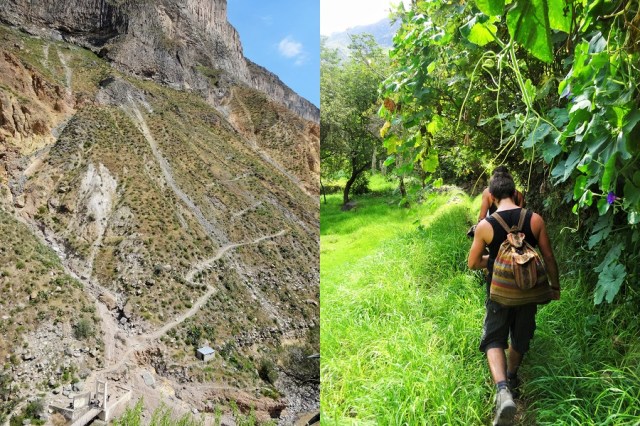 (Looking back towards the path we’d just descended (left) & the scenic walk to lunch with our adopted group (right)