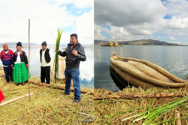 Baggio explaining the many uses and allowing us to sample the reeds (left) & a traditional reed boat, on which we supported the community by paying for a ride (right)