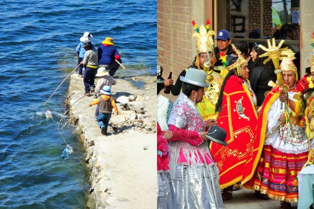 Children tow plastic bottle boats in the harbour at Isla del Sol (left) & The party in Copacabana that cost us a room (right)