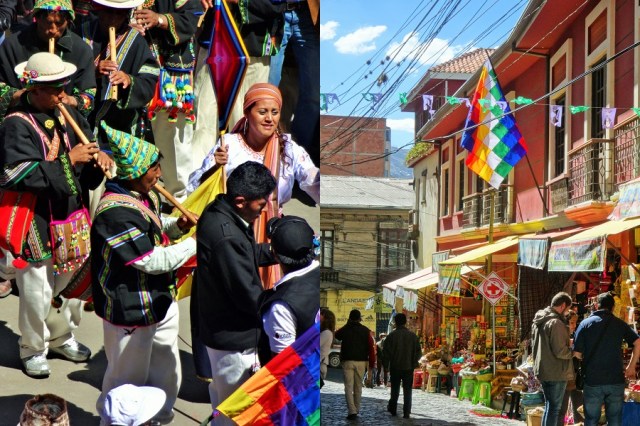Celebrating the native peoples, with pan pipes of course (left) & taking a stroll through the Mercado de Hechiceria (right)