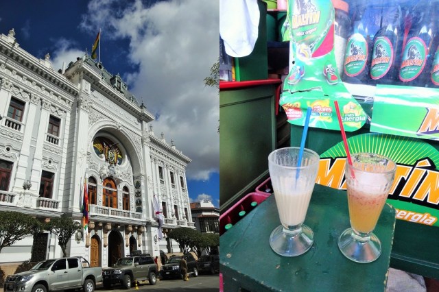 The delightful Prefectura de Chuquisaca. Apparently if you ask nicely you can climb its roof… we forgot to ask (left) & delicious fresh jugos from the main Mercado (right)