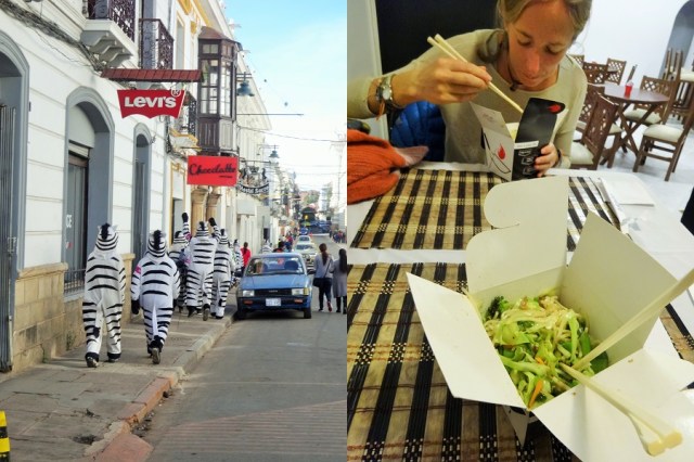 Zebra’s on the march (left) & Our first Asian style fare (other than food we’d cooked ourselves) since Panama