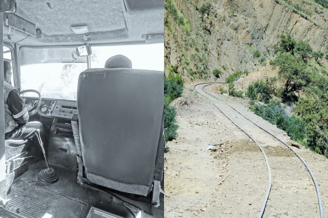 Our driver at the controls. We never could figure out why there was a steering wheel… (left) & possibly the clearest stretch of track on which we travelled (right)