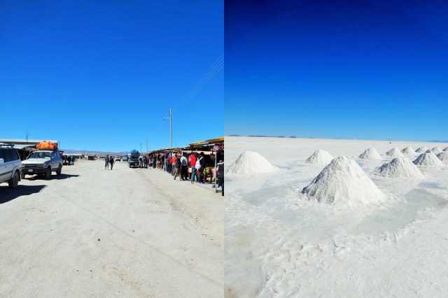 Colchani. I’m not sure if this qualifies as our last stop in civilisation… (left) & Checking out the ‘salt mountains’ (right))