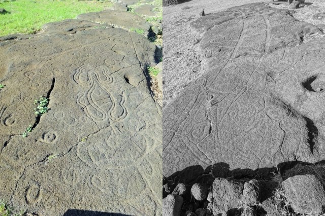 Ancient rock carvings by the Rapa Nui peoples of a jellyfish (left) & large canoe (right), testament to the oceans importance in their lives
