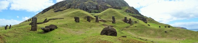 The grassy slopes of Rano Raraku, 'overrun' with tourists (Click on image to enlarge)