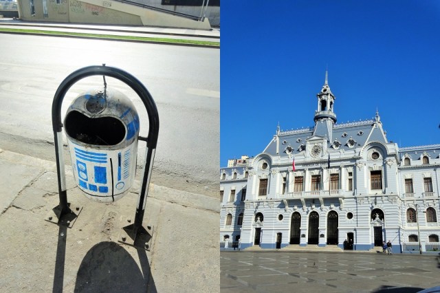 Just a colourful trash can? (left) & The most impressive building downtown is for the Armade de Chile (right)