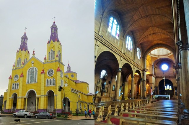 Castro's Iglesia de San Francisco in its yellow and grape glory (left) & The stunning wooden interior (right)