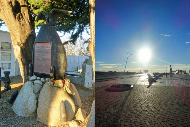 A monument to Admiral Graf Spee and his crew of the Scharnhorst (left) & The lofty heights reached by the midday Sun (right)