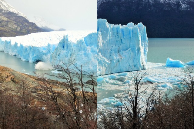 A large fall causing quite the splash (left) & The sun soaks the glacier in its warming glow (right)
