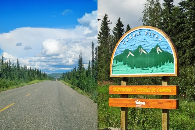 Beautiful, yet monotonous scenery (left) & Making ourselves at home for a couple of days in the Yukon River Campground (right)