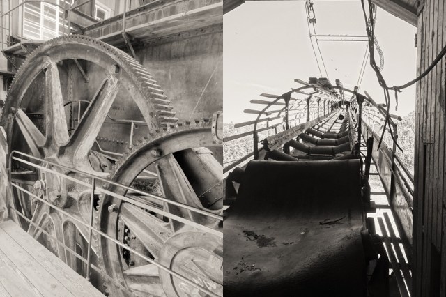 Gears two stories high (left) & The belt that would eject the unwanted tailings (right)