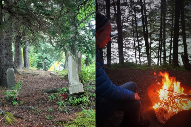 The charming neglect of this pioneer burial ground in Haines (left) & Keeping warm by Chilkoot Lake (right)