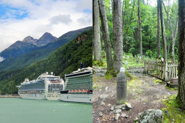 The horror of the approach to Skagway (left) & Klondike history at the Goldrush Cemetery (right)