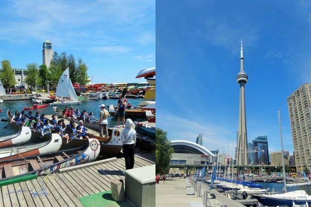 A twilight zone moment. Watching a westerner teach a group of Chinese how to row a Dragon Boat (left) & Two Toronto icons, the Rogers Centre and the CN Tower (right)