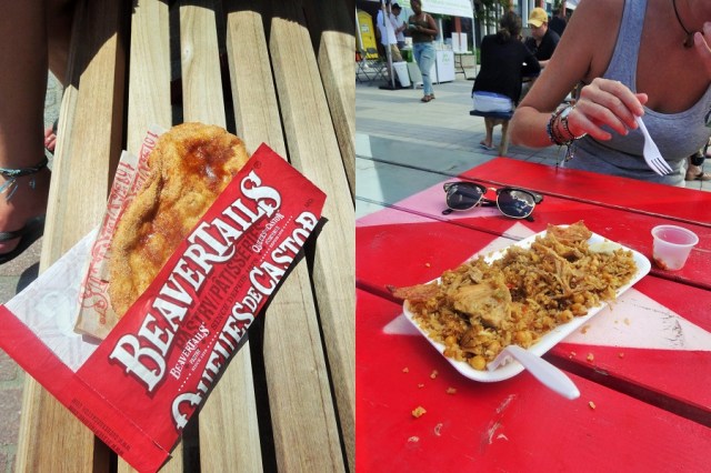 Finally able to sample our first BeaverTails (left) & Reminiscing about Colombia with Lechona (right)