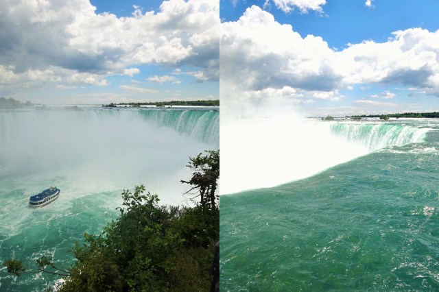 Watching one of the ferries venture close to the falls (left) & Taking in the view over the horseshoe (right)